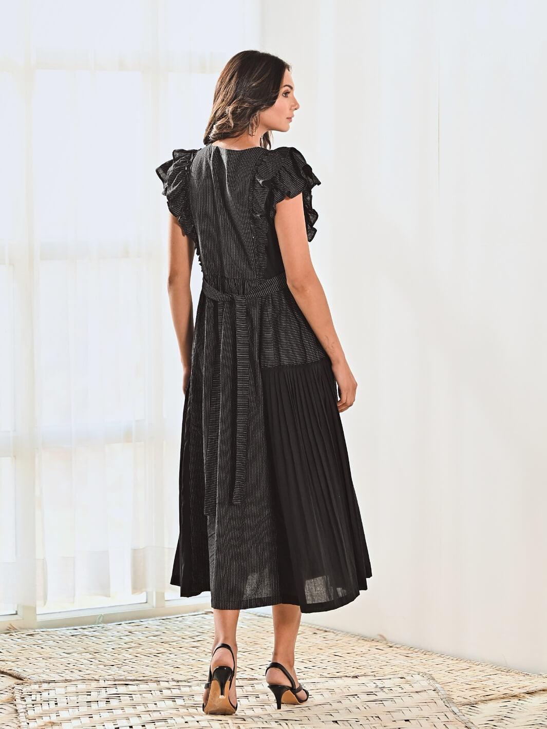 Black Cotton V neck Long Dress with Belt - Moontara