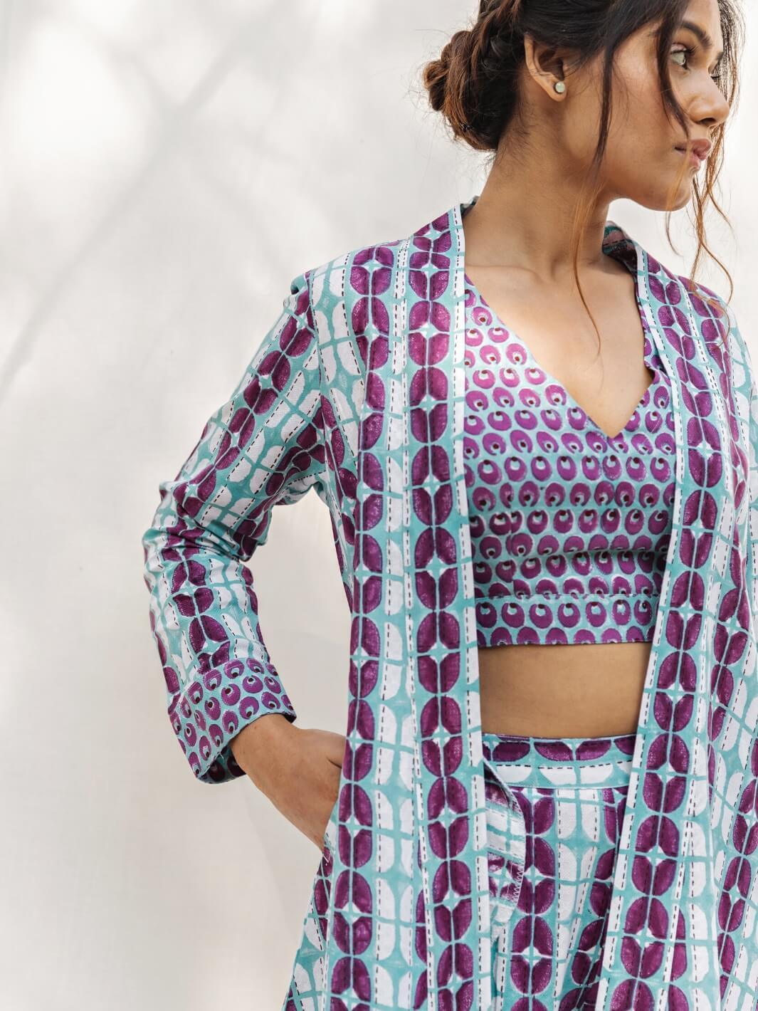 Blue & Purple Handblock Print Cotton Jacket - Moontara