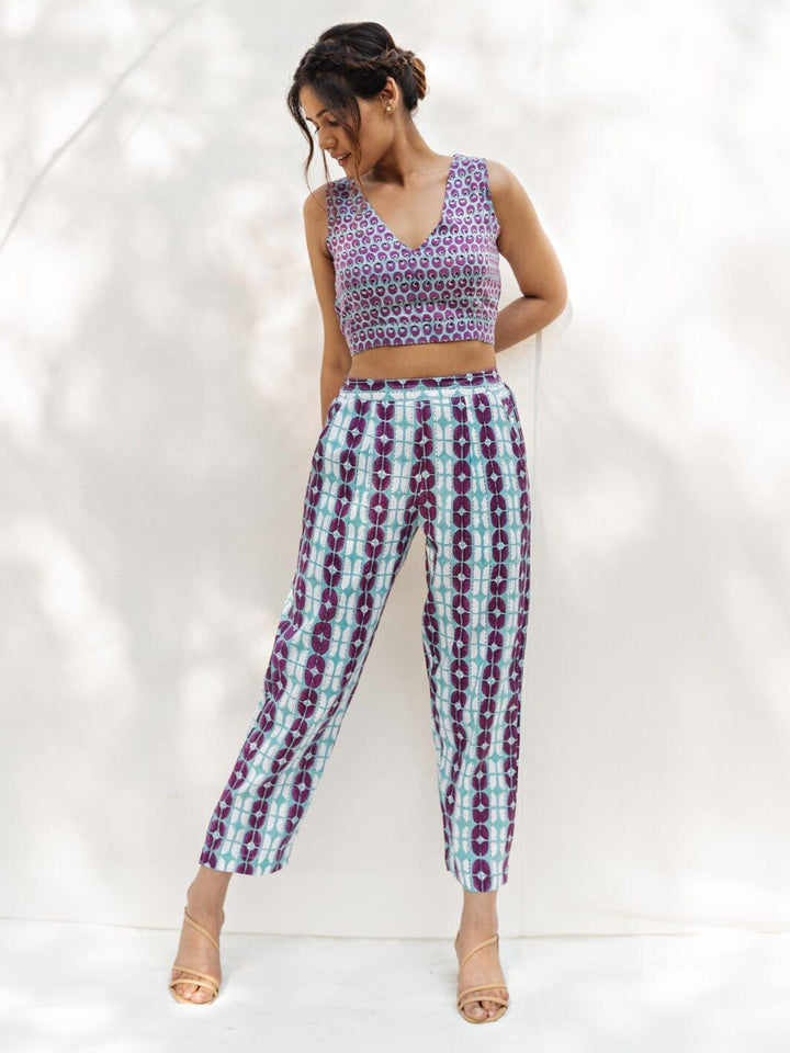 Blue & Purple Handblock Print Cotton Pants - Moontara