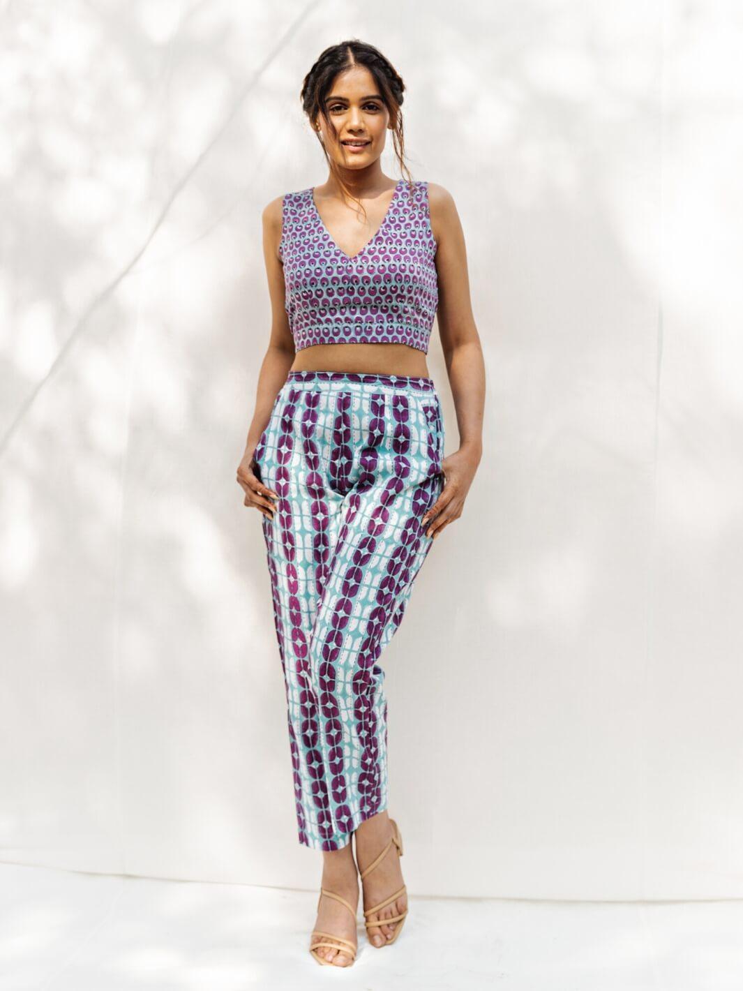 Blue & Purple Handblock Print Cotton Pants - Moontara