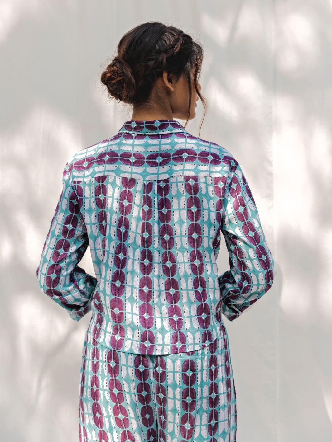 Blue & Purple Handblock Print Cotton Shirt - Moontara