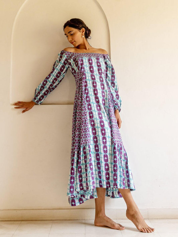 Blue & Purple Handblock Print Long Cotton Maxi Dress - Moontara