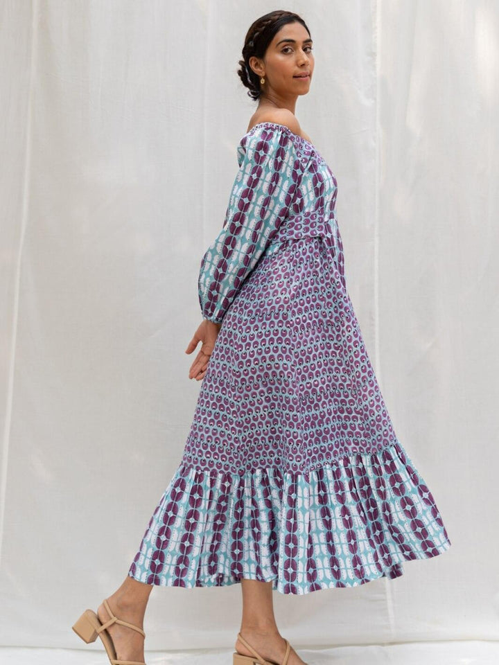 Blue & Purple Handblock Print Long Cotton Maxi Dress - Moontara