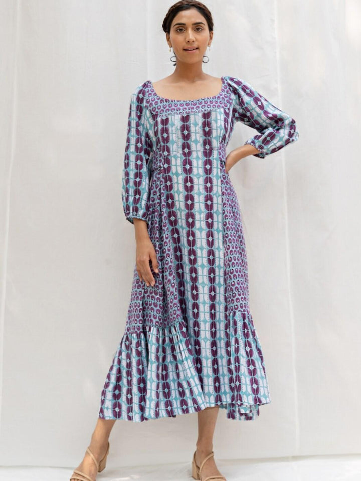 Blue & Purple Handblock Print Long Cotton Maxi Dress - Moontara