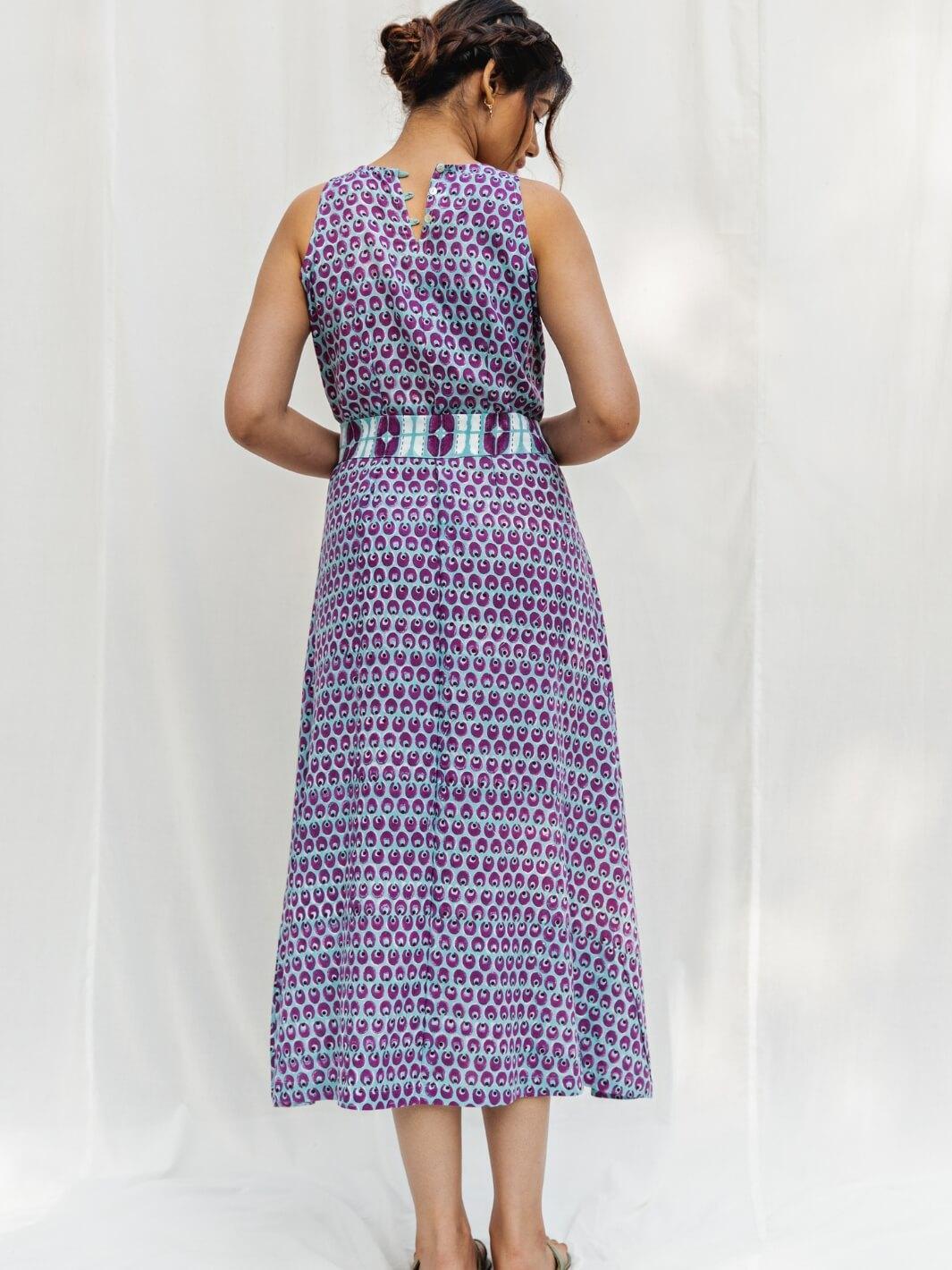 Blue & Purple Handblock Print Long Cotton Midi Dress - Moontara