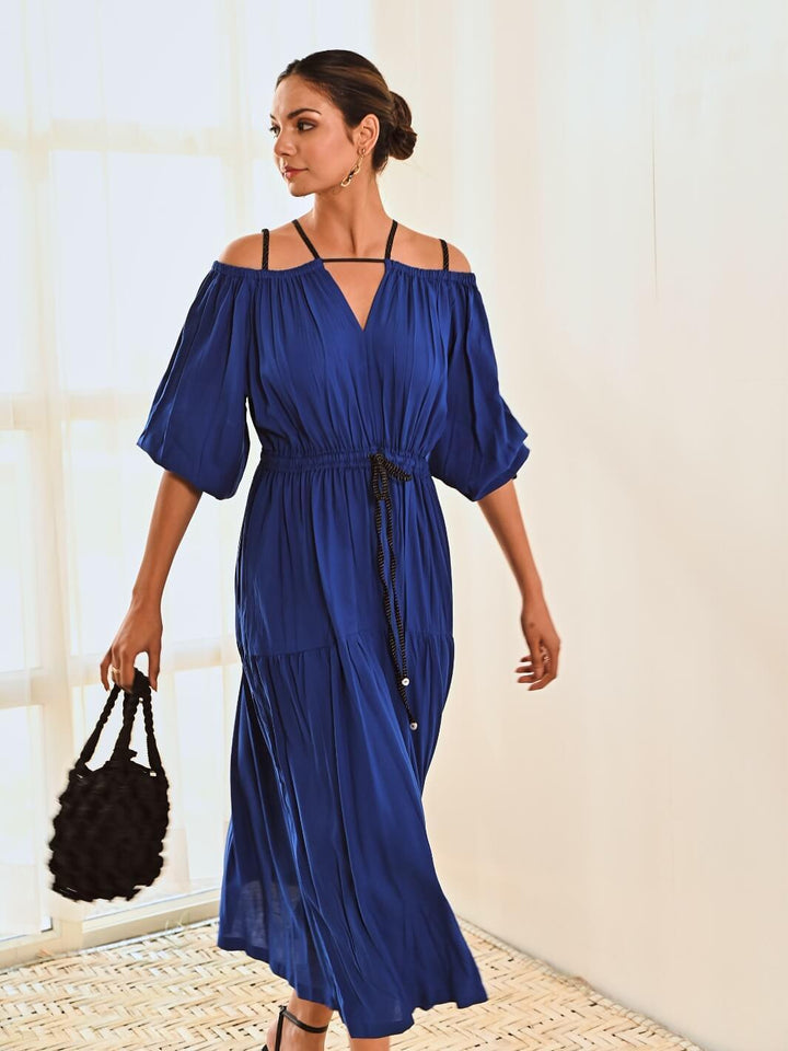 Blue Cotton Cold Shoulder Long Dress - Moontara