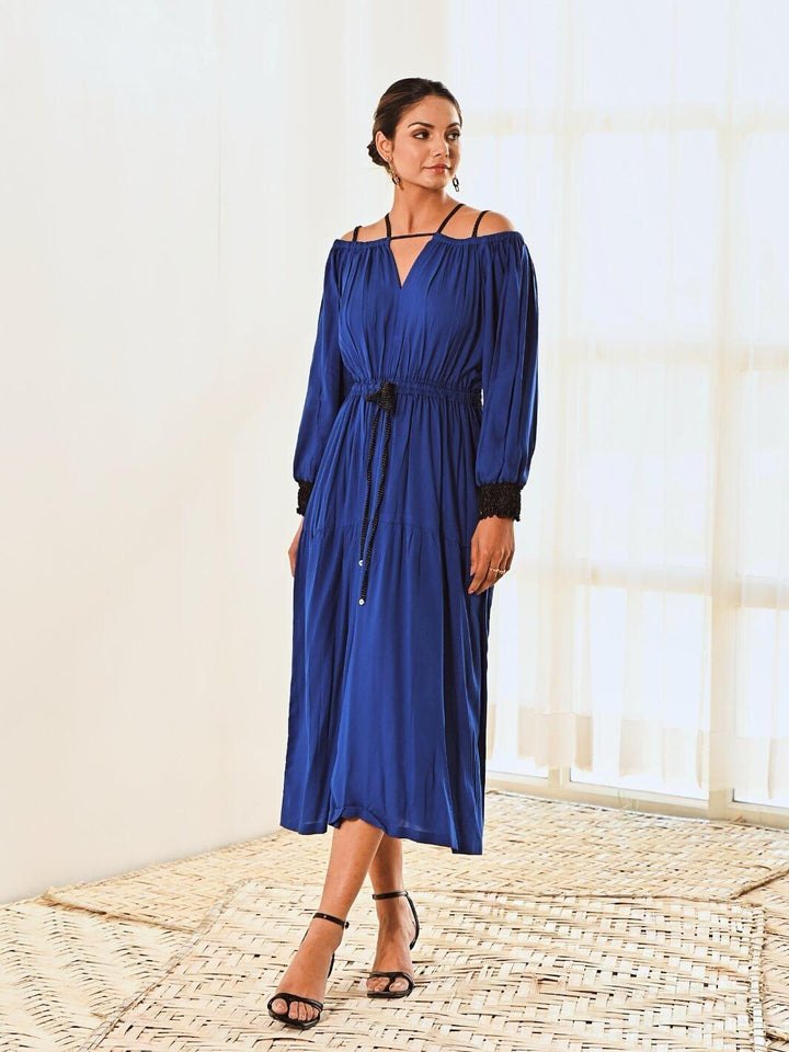 Blue Cotton Cold Shoulder Long Dress - Moontara