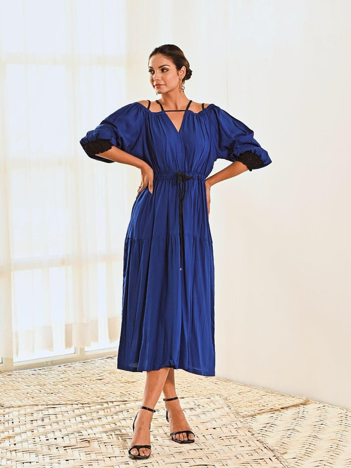 Blue Cotton Cold Shoulder Long Dress - Moontara