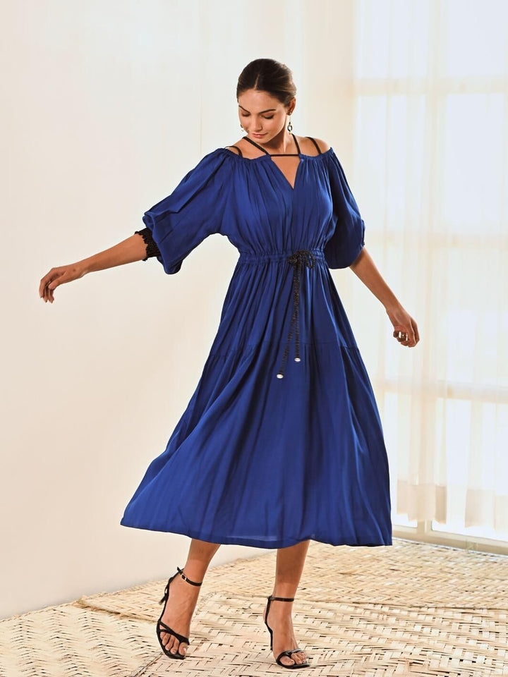 Blue Cotton Cold Shoulder Long Dress - Moontara