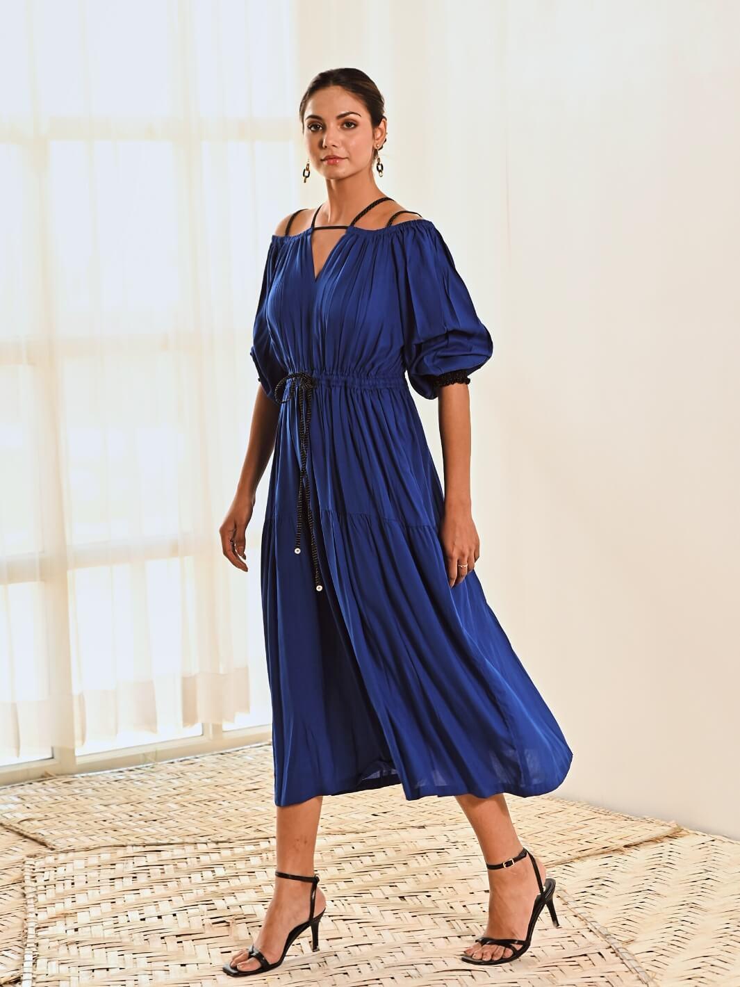 Blue Cotton Cold Shoulder Long Dress - Moontara