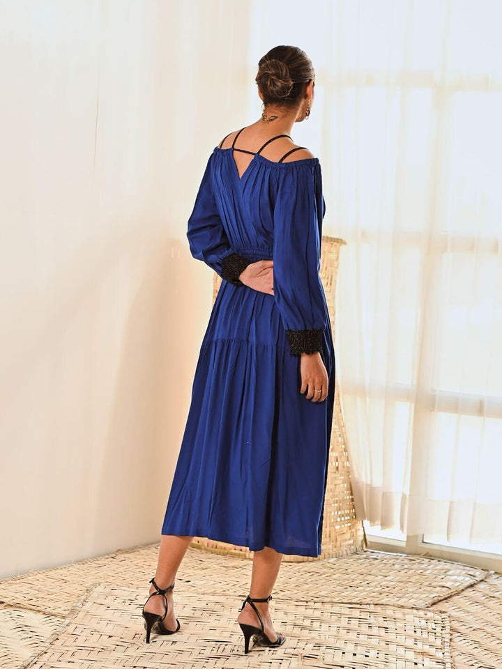 Blue Cotton Cold Shoulder Long Dress - Moontara