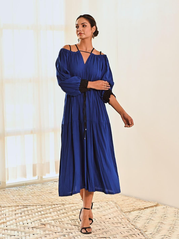 Blue Cotton Cold Shoulder Long Dress - Moontara