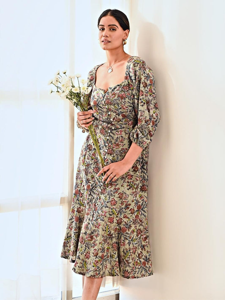 Blue Cotton Floral Print A line Long Dress - Moontara