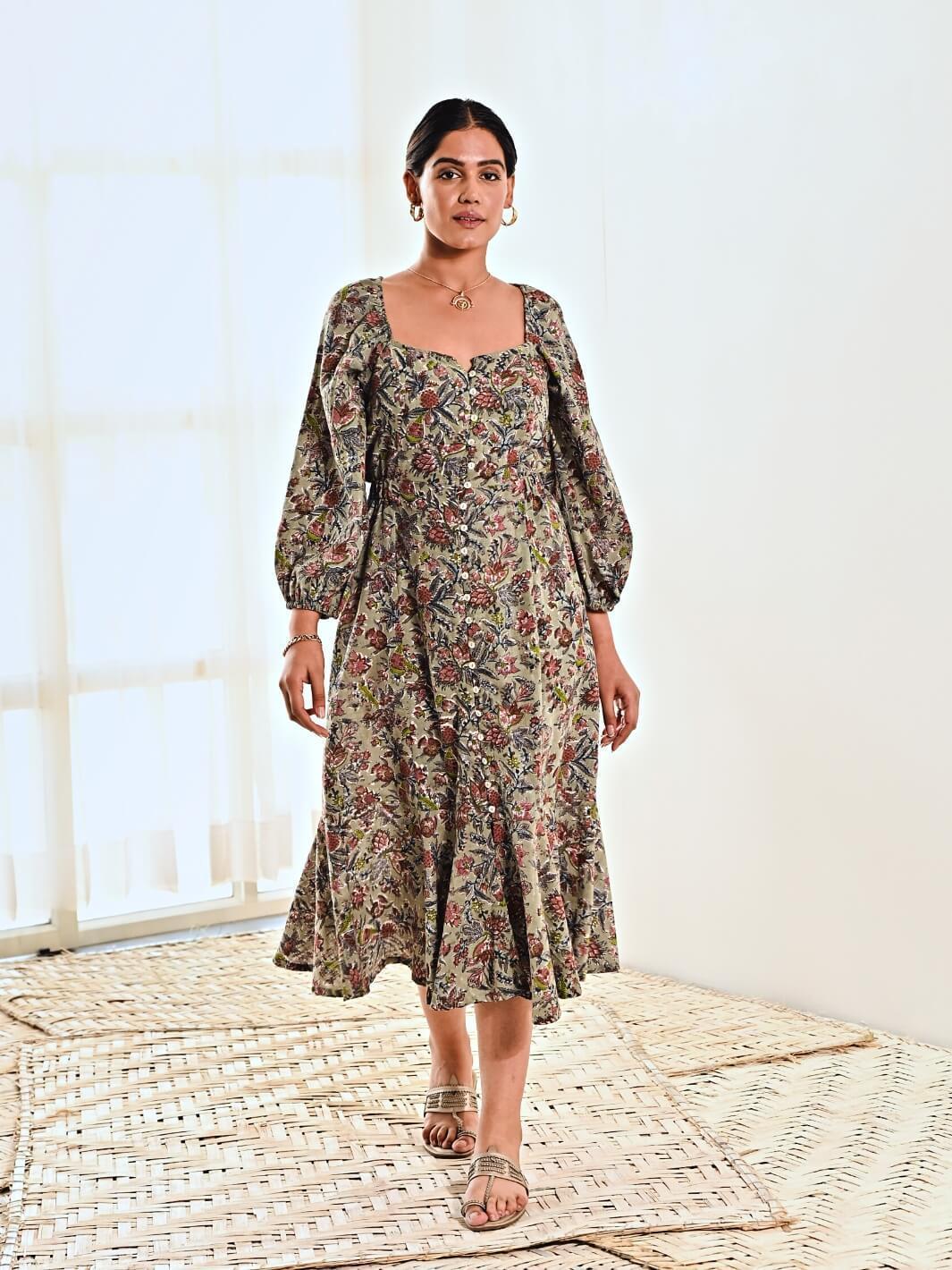 Blue Cotton Floral Print A line Long Dress - Moontara