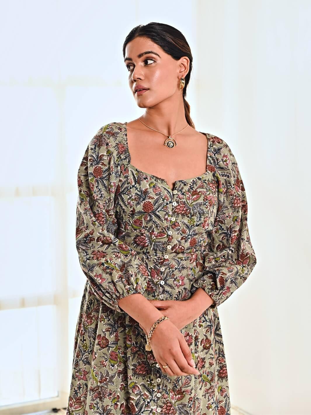 Blue Cotton Floral Print A line Long Dress - Moontara