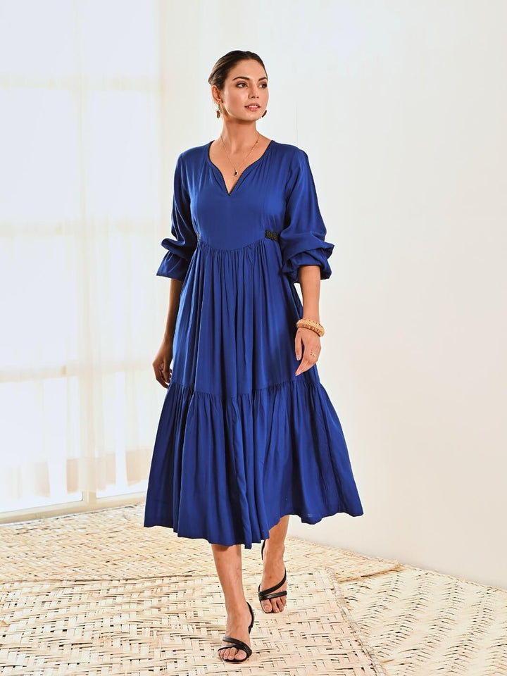 Blue Cotton Maxi Long Dress with Belt - Moontara