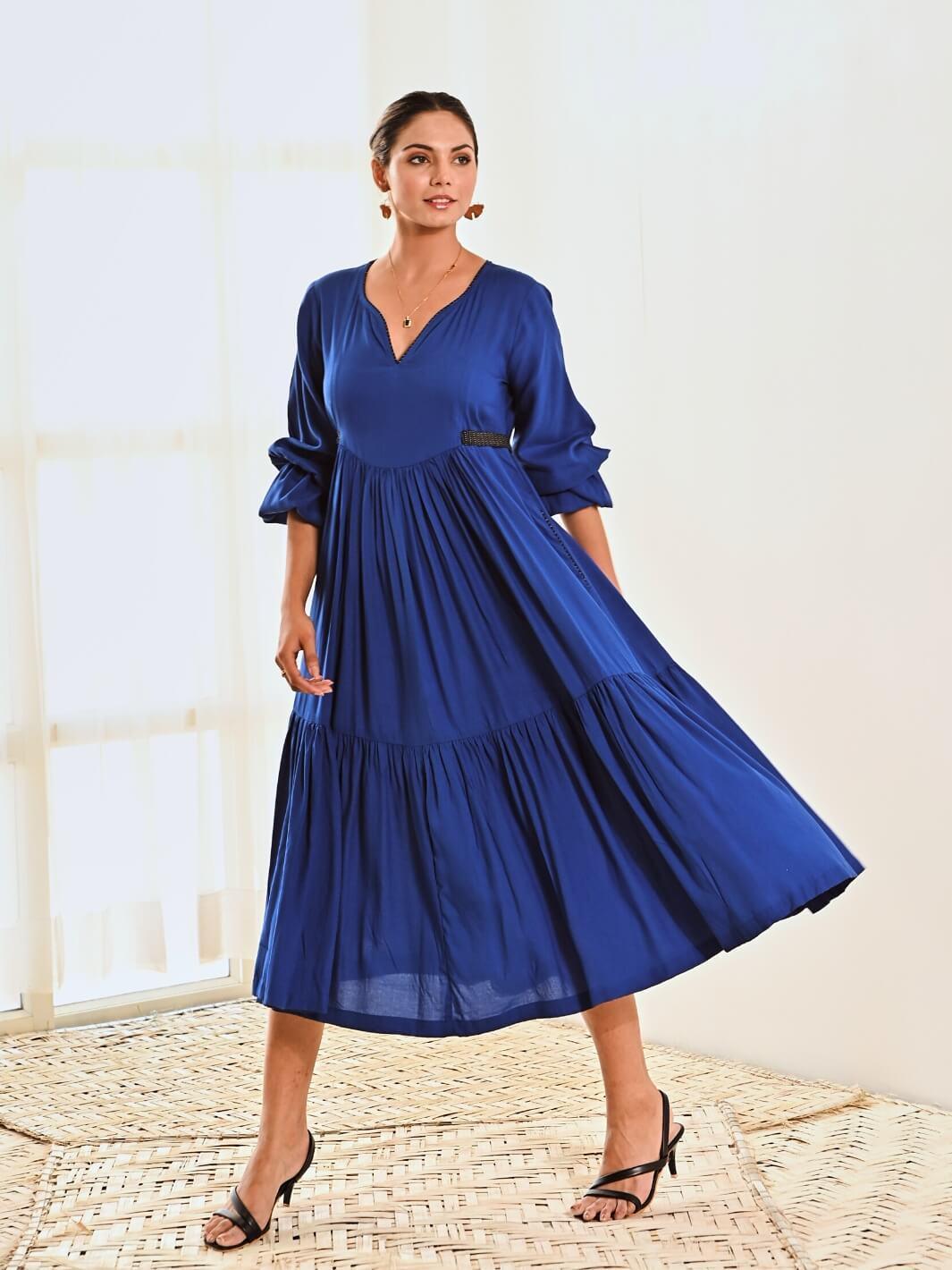 Blue Cotton Maxi Long Dress with Belt - Moontara