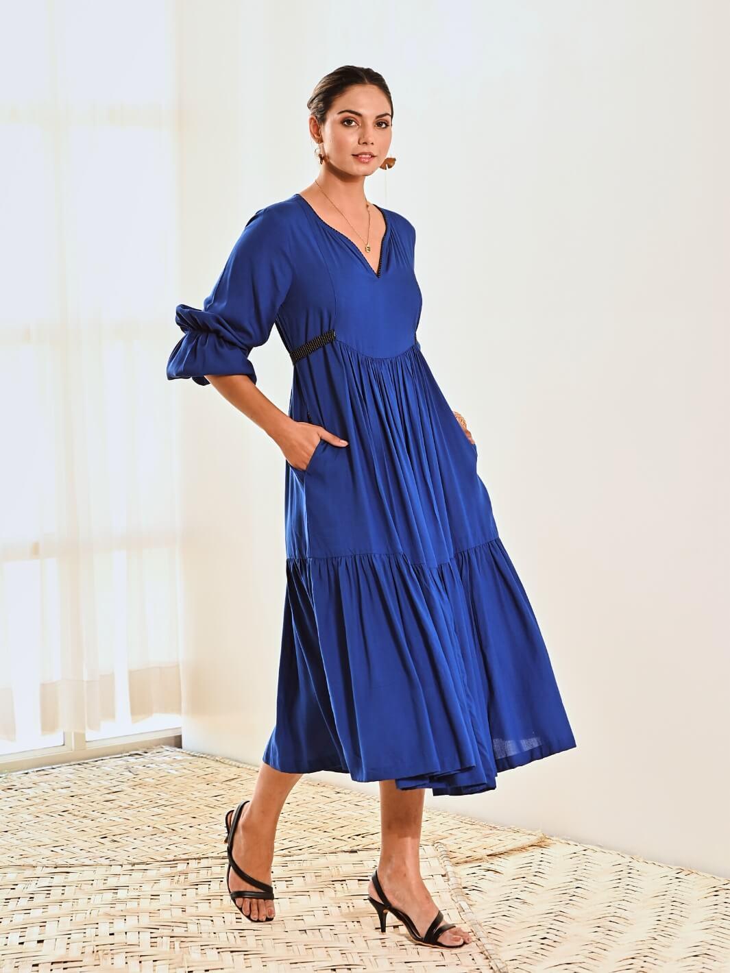 Blue Cotton Maxi Long Dress with Belt - Moontara