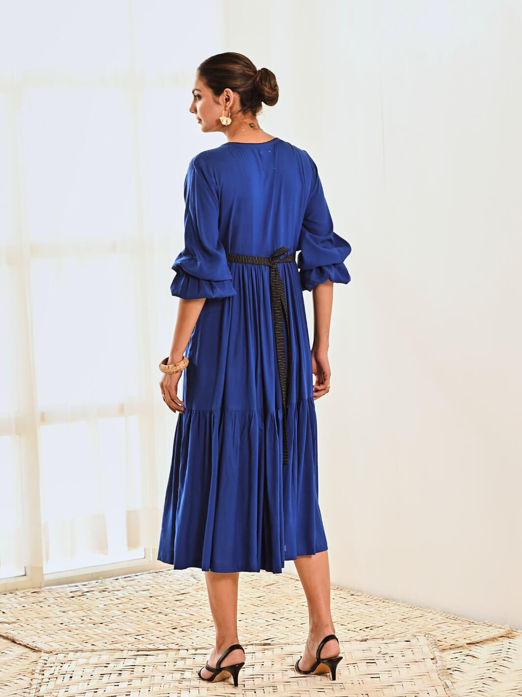 Blue Cotton Maxi Long Dress with Belt - Moontara