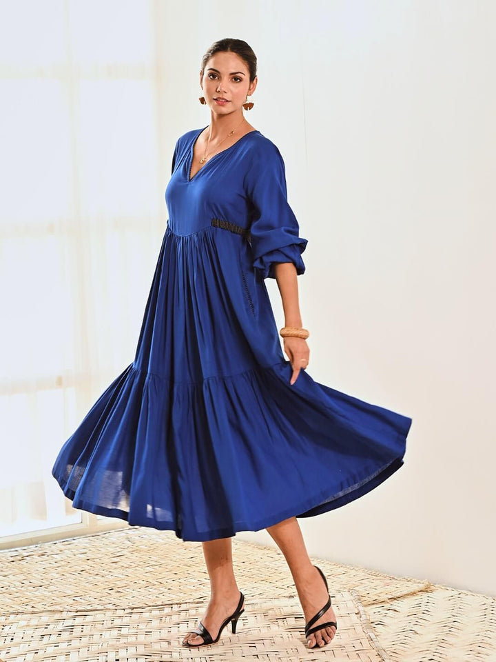 Blue Cotton Maxi Long Dress with Belt - Moontara