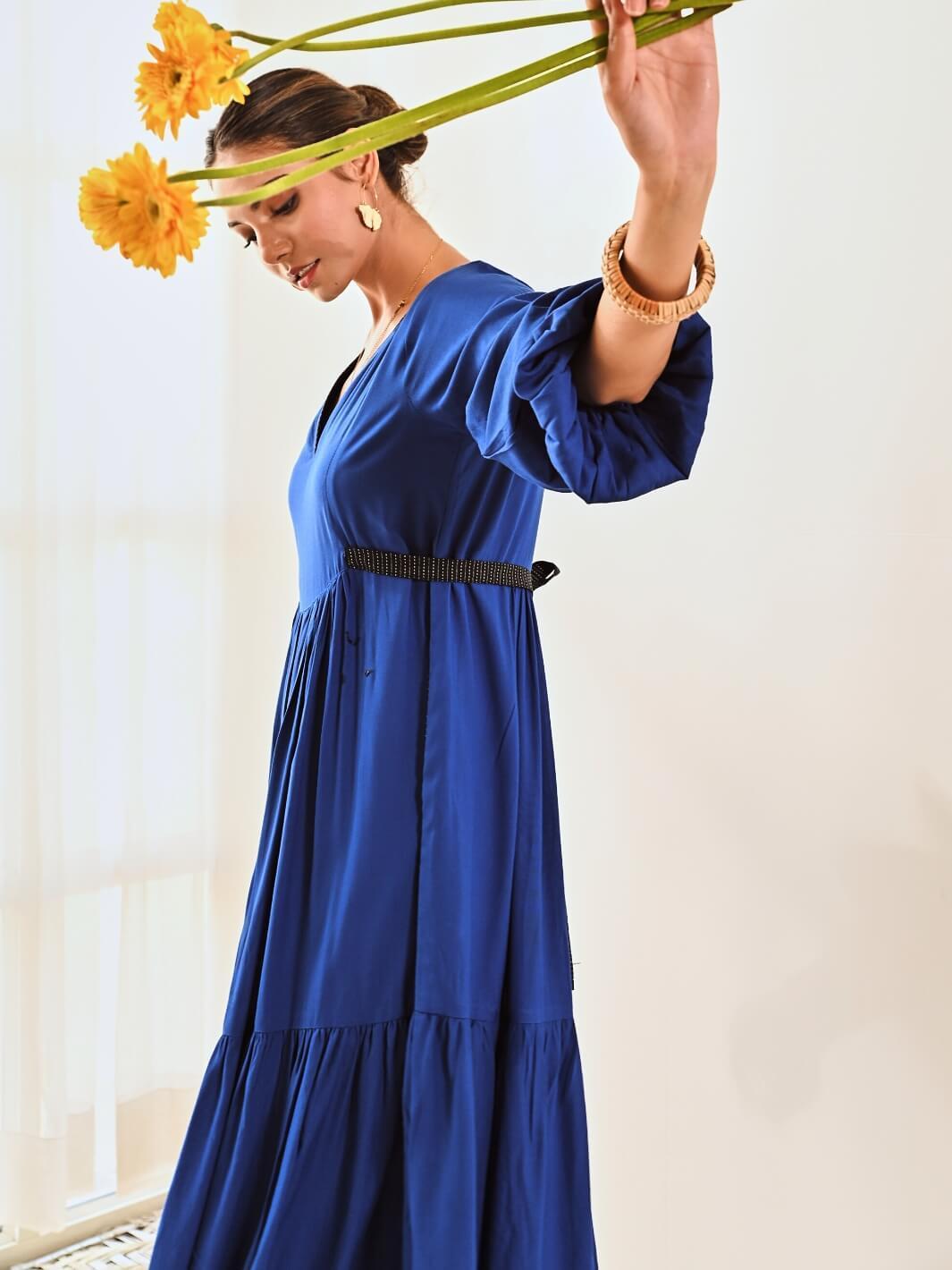 Blue Cotton Maxi Long Dress with Belt - Moontara