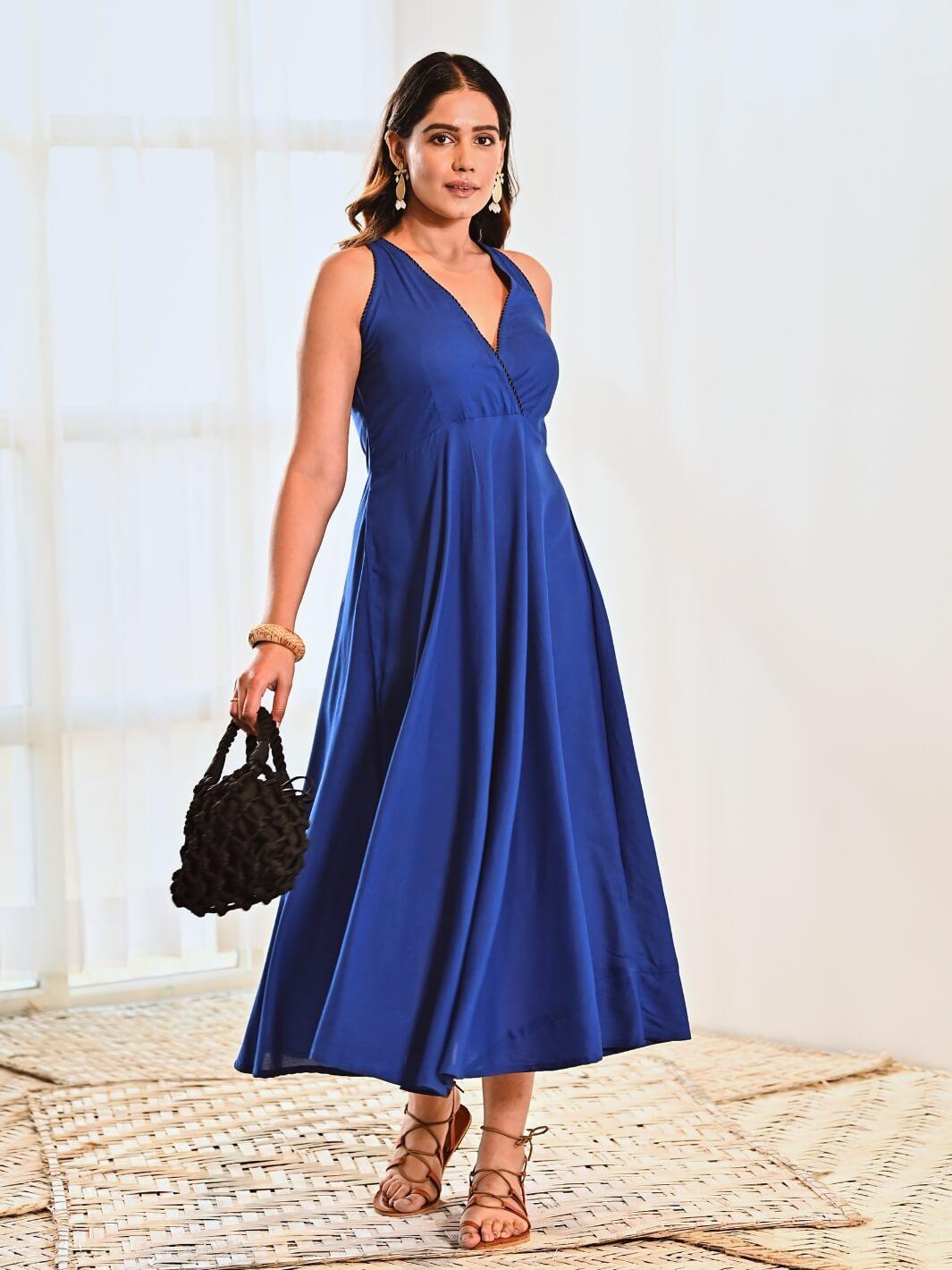 Blue Cotton Maxi Sleeveless Long Dress - Moontara