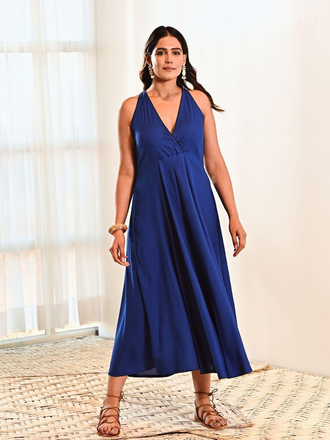 Blue Cotton Maxi Sleeveless Long Dress - Moontara