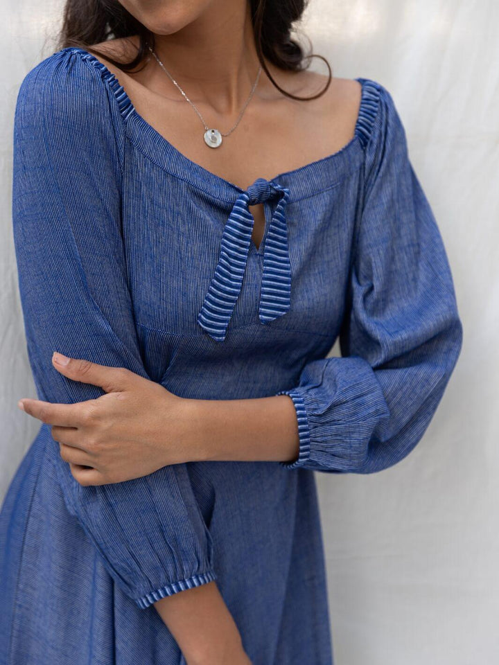 Blue Flared Long Cotton Maxi Dress - Moontara