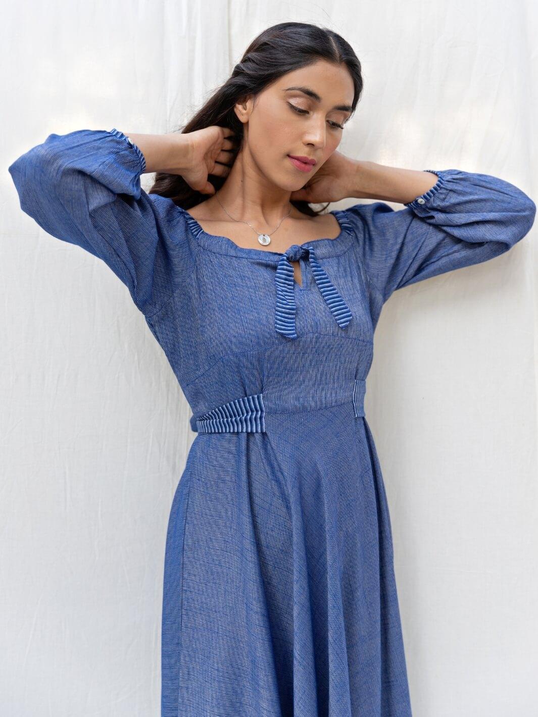 Blue Flared Long Cotton Maxi Dress - Moontara