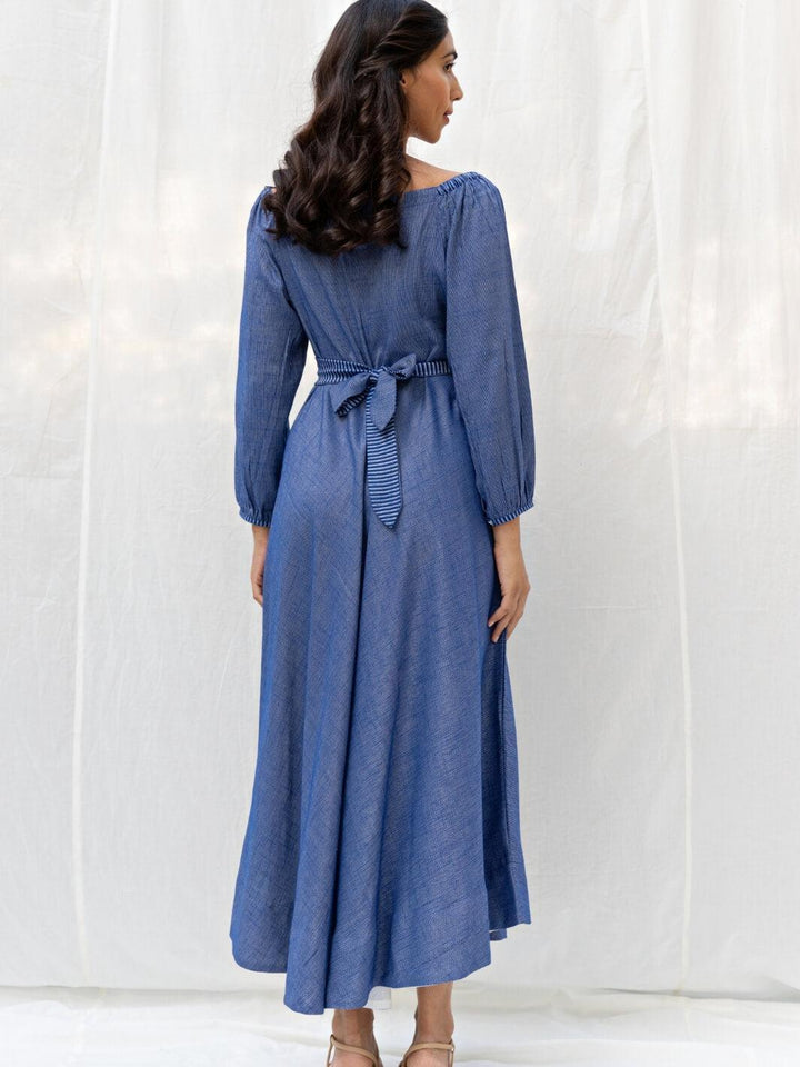 Blue Flared Long Cotton Maxi Dress - Moontara