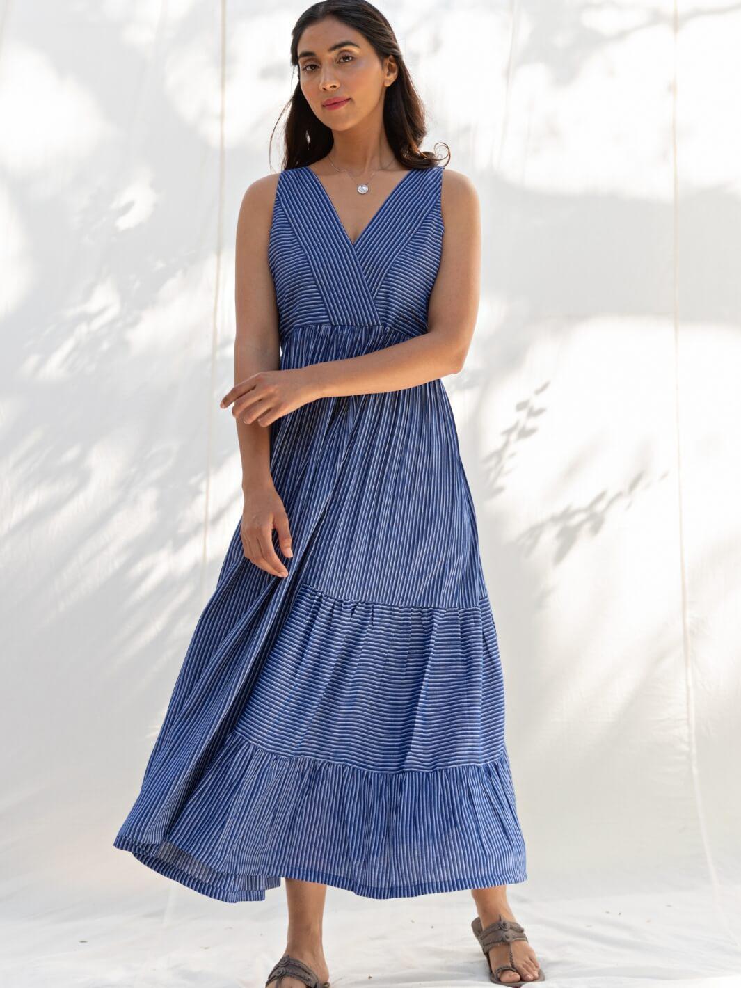 Blue Cotton Maxi Sleeveless Long Dress