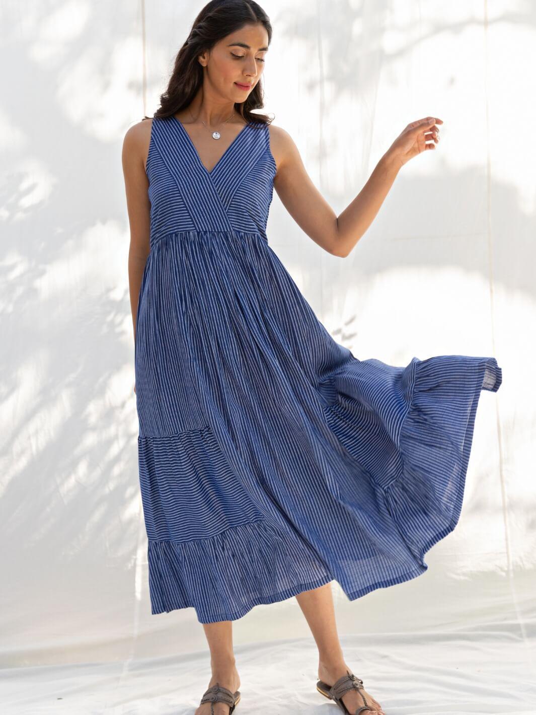 Blue Sleeveless Long Cotton Midi Dress - Moontara