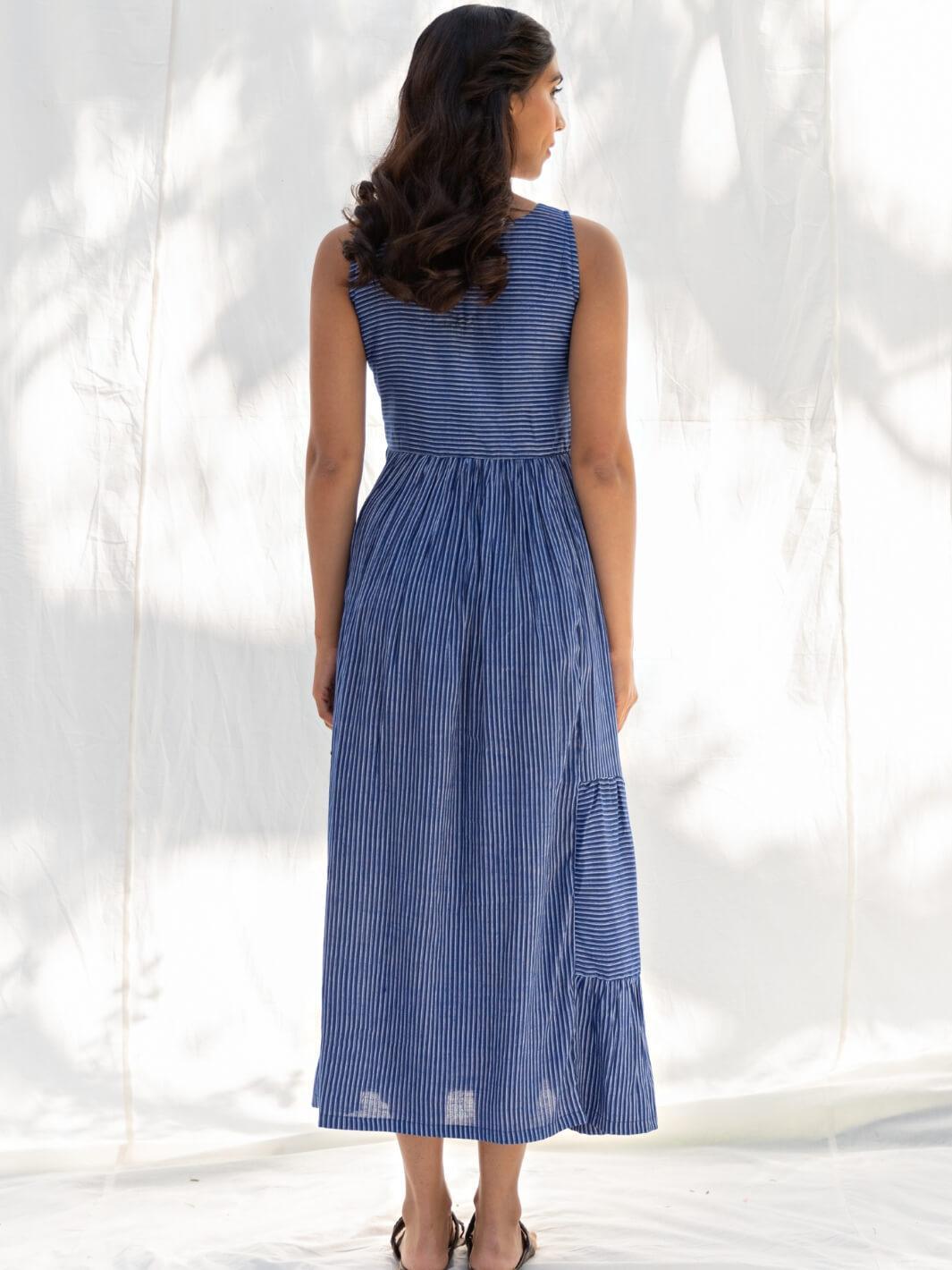 Blue Sleeveless Long Cotton Midi Dress - Moontara