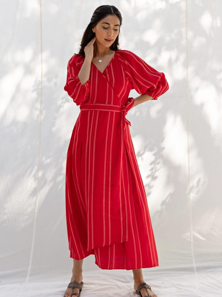 Cherry Red Cotton Maxi Wrap Dress - Moontara