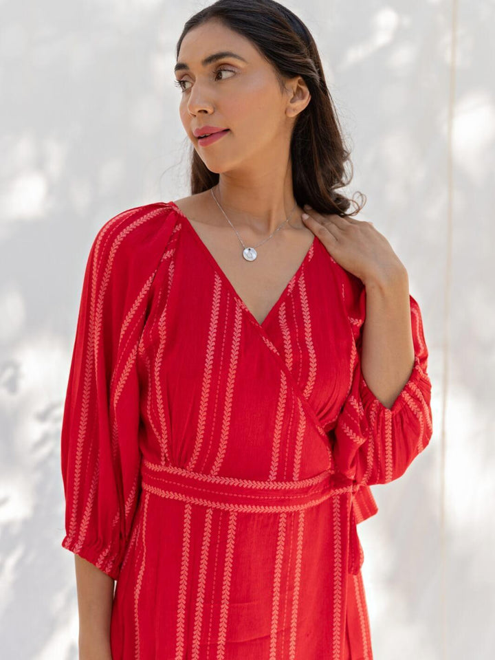 Cherry Red Cotton Maxi Wrap Dress - Moontara