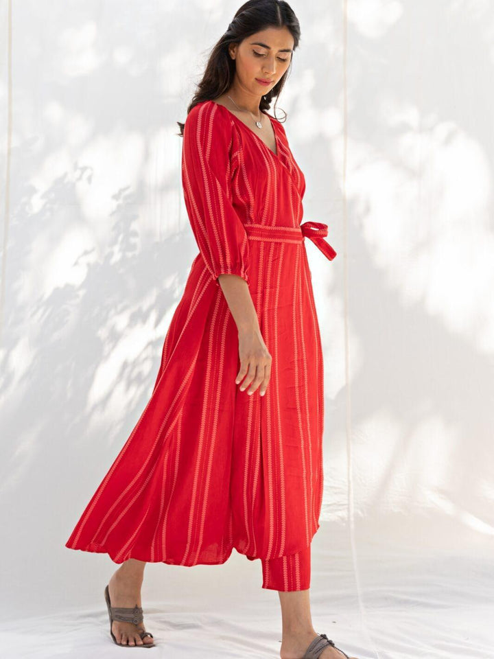 Cherry Red Cotton Maxi Wrap Dress - Moontara