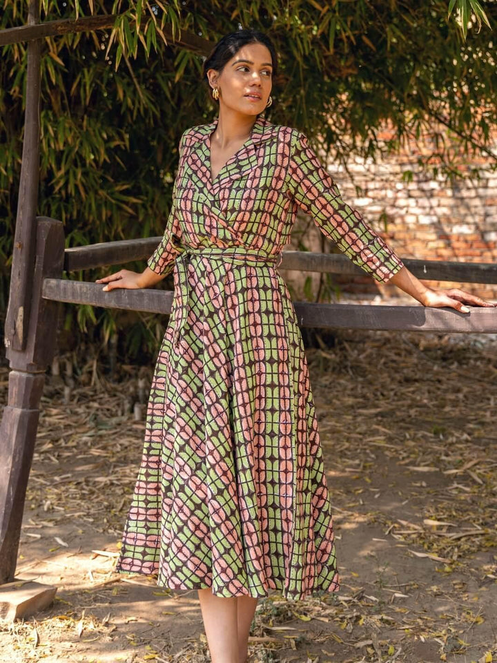 Chocolate Brown Handblock Print Long Cotton Maxi Dress - Moontara