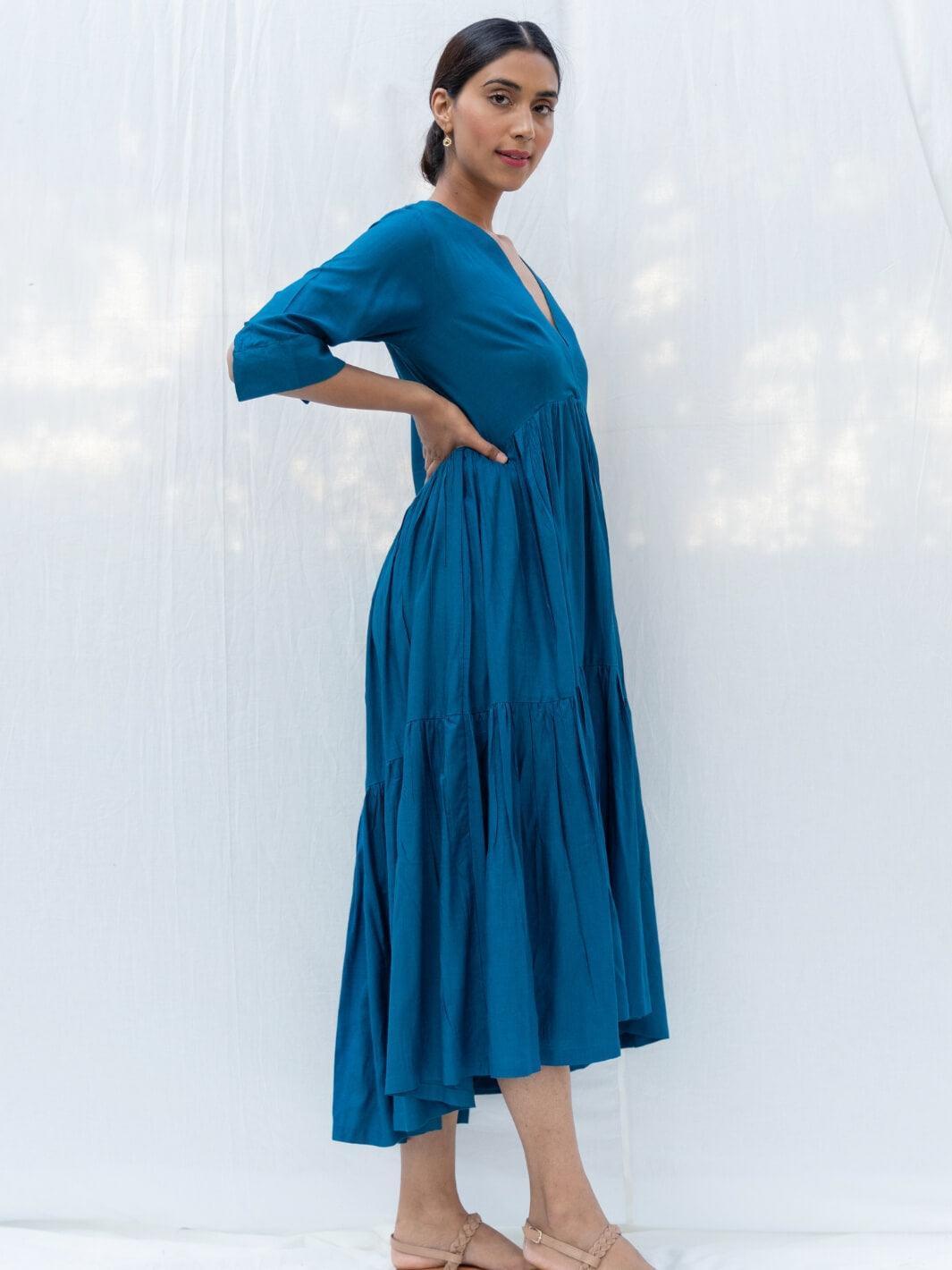 Cobalt Blue Flared Long Cotton Maxi Dress - Moontara