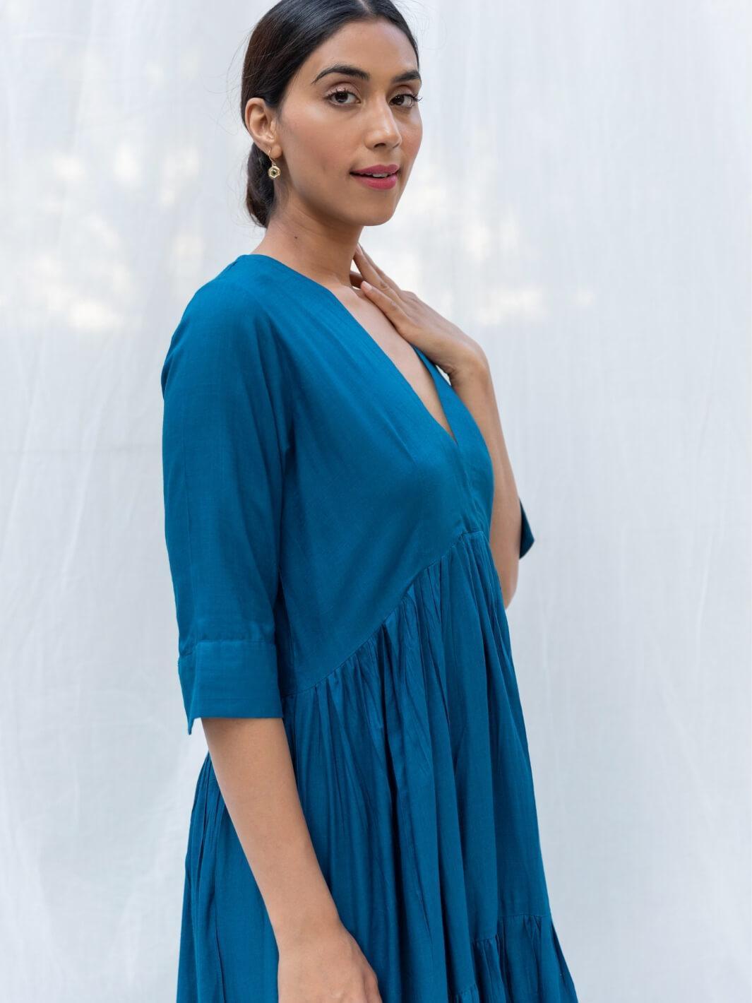 Cobalt Blue Flared Long Cotton Maxi Dress - Moontara