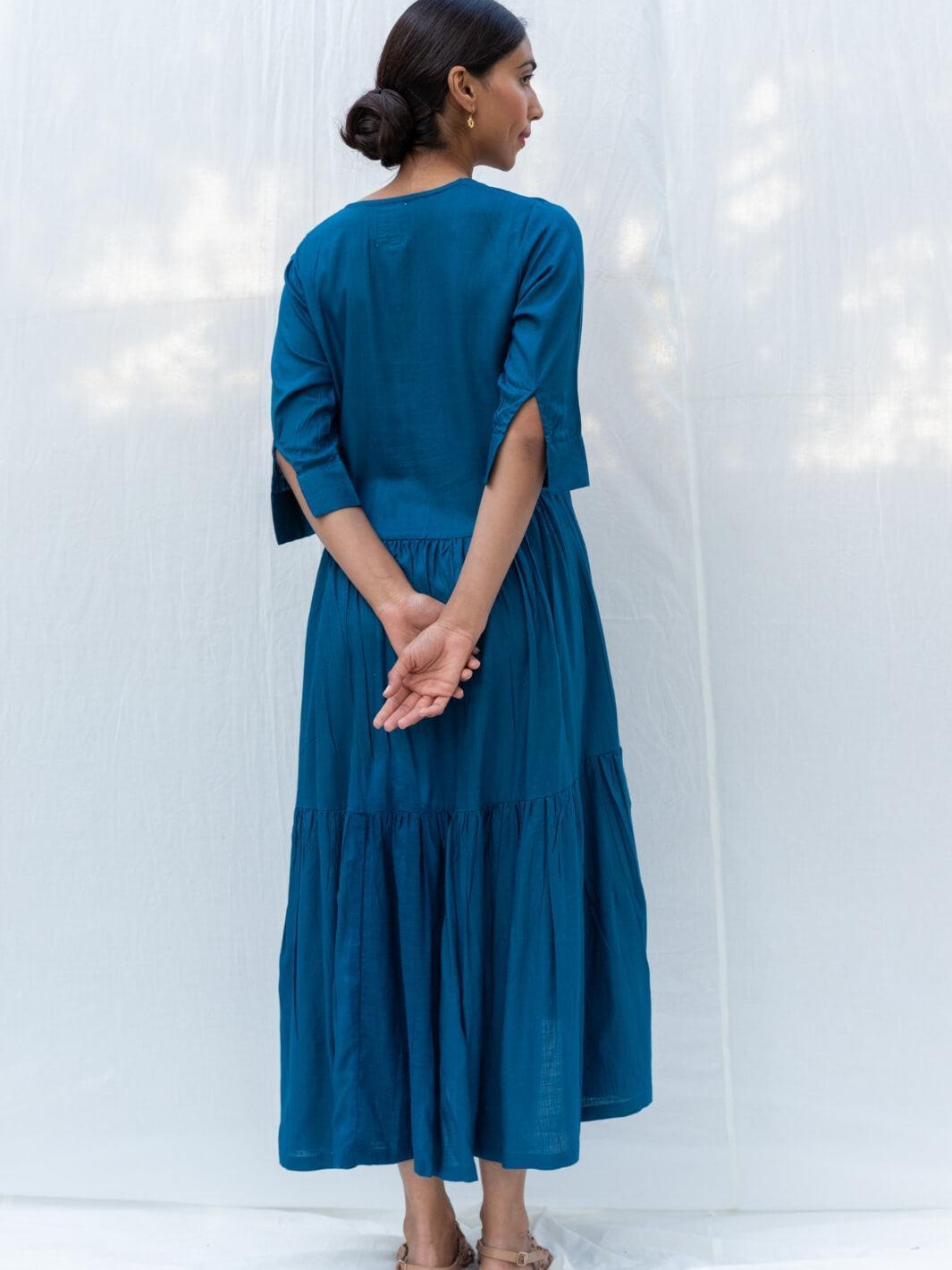 Cobalt Blue Flared Long Cotton Maxi Dress - Moontara