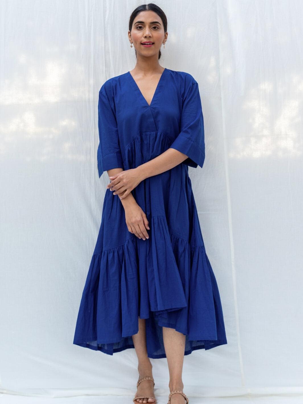 Deep Blue Flared Long Cotton Maxi Dress - Moontara