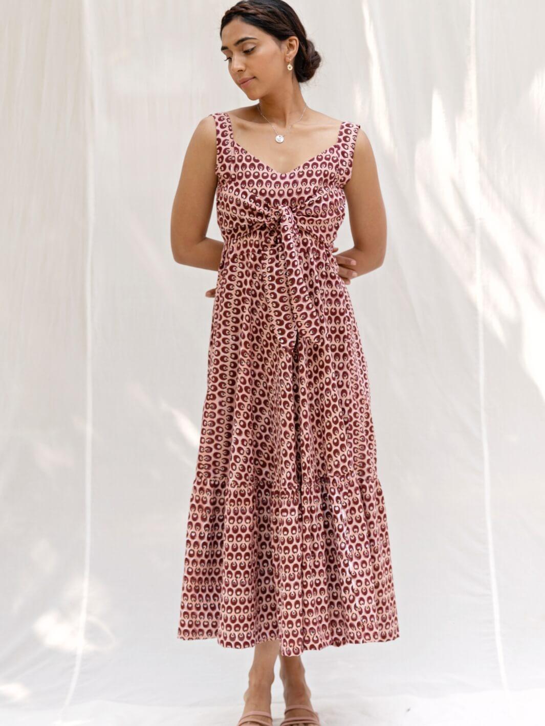 Dusty Pink Handblock Print Sleeveless Maxi Dress - Moontara