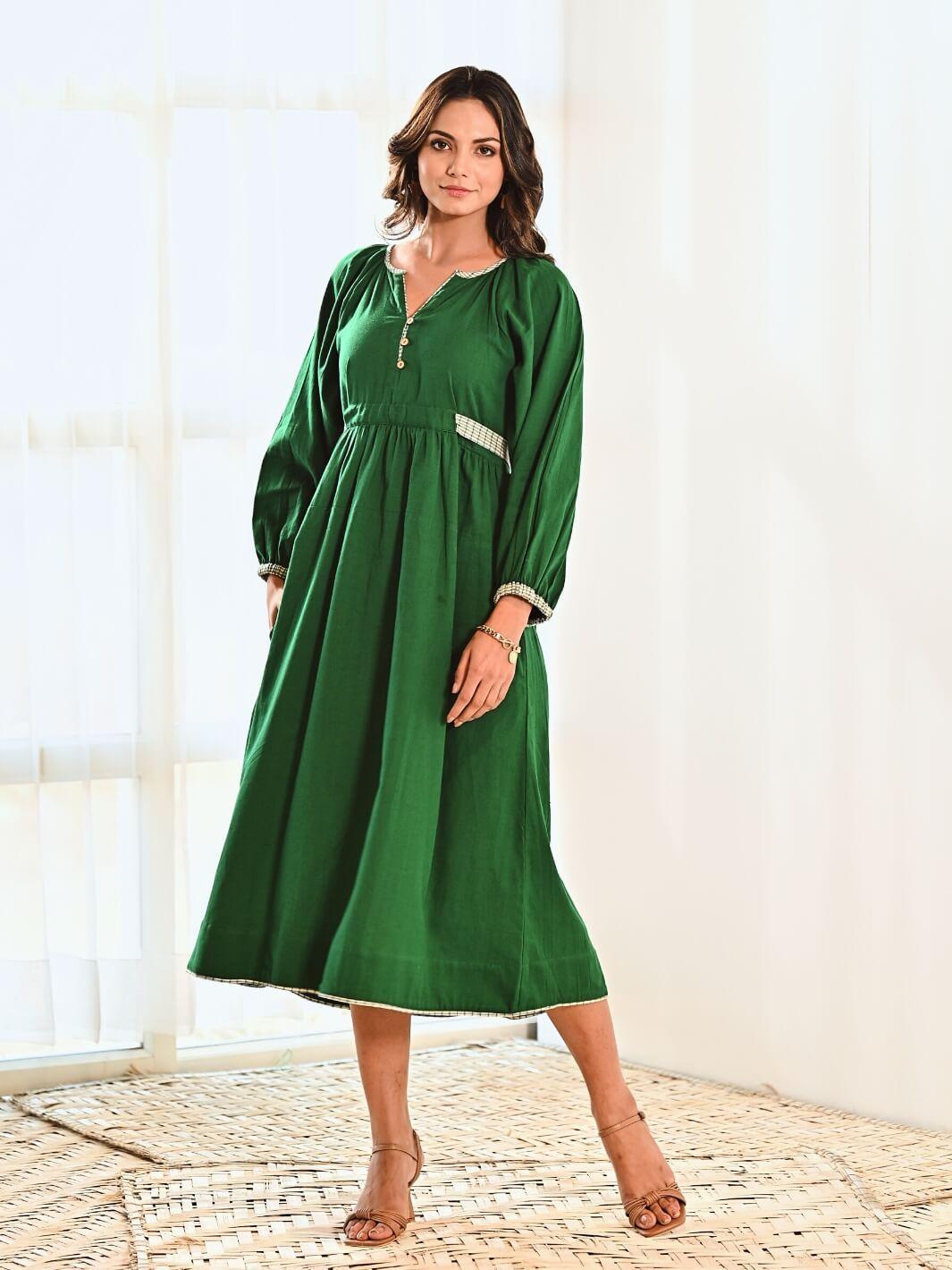 Emerald Cotton Maxi Long Dress with Belt & Baloon Sleeves - Moontara