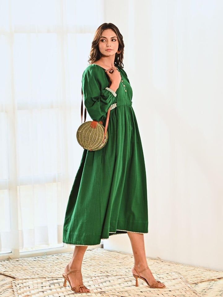 Emerald Cotton Maxi Long Dress with Belt & Baloon Sleeves - Moontara