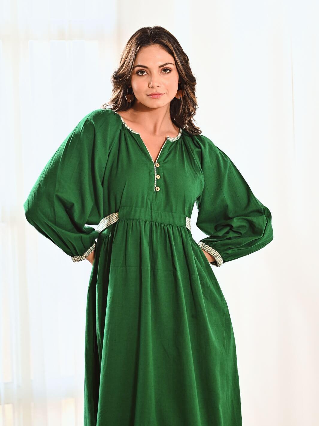 Emerald Cotton Maxi Long Dress with Belt & Baloon Sleeves - Moontara