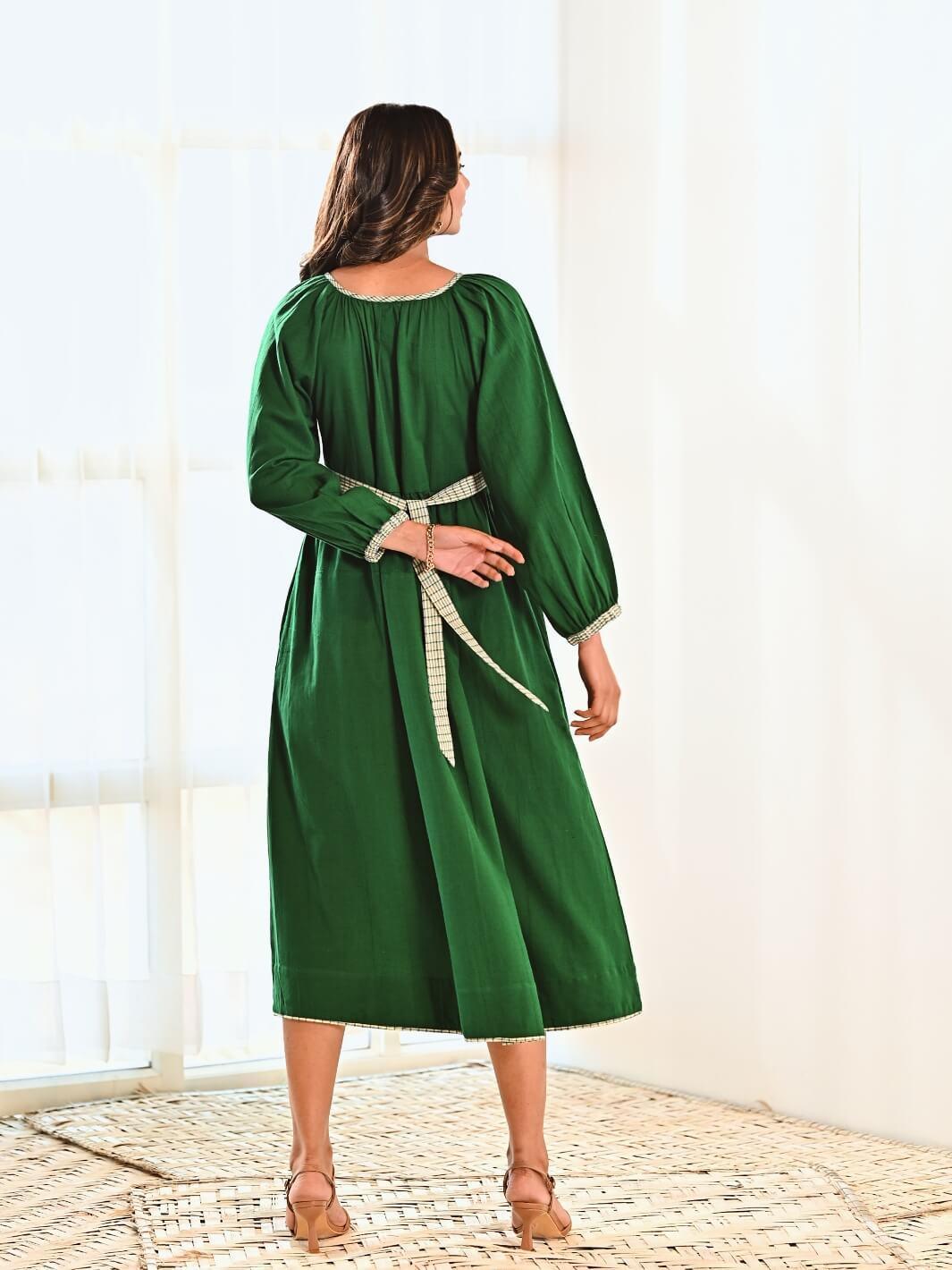 Emerald Cotton Maxi Long Dress with Belt & Baloon Sleeves - Moontara