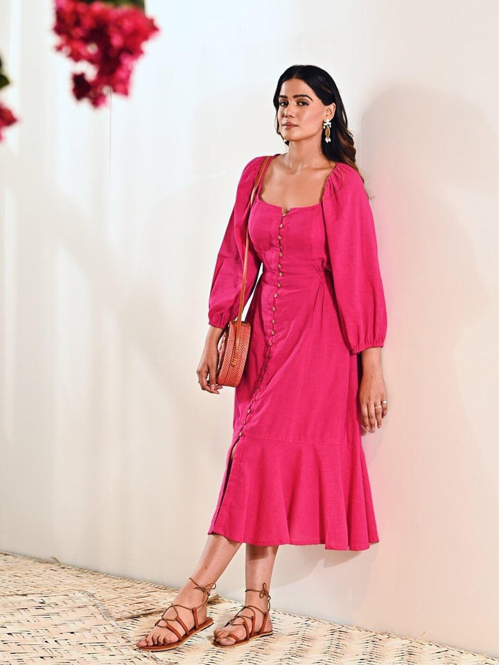 Fuchsia Cotton A line Long Dress - Moontara