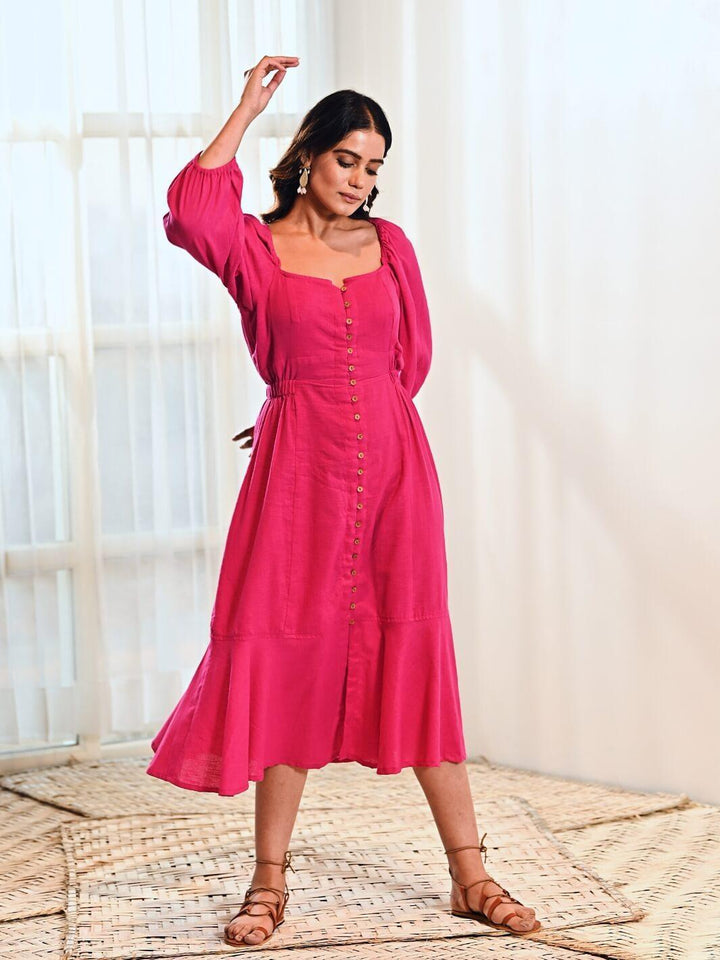 Fuchsia Cotton A line Long Dress - Moontara