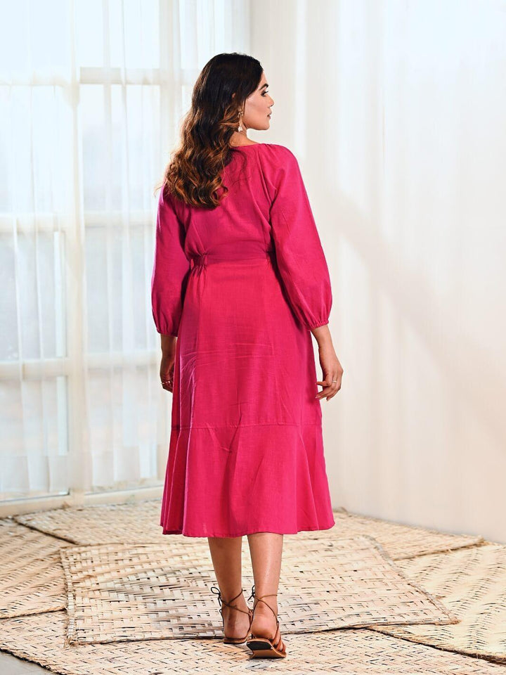 Fuchsia Cotton A line Long Dress - Moontara