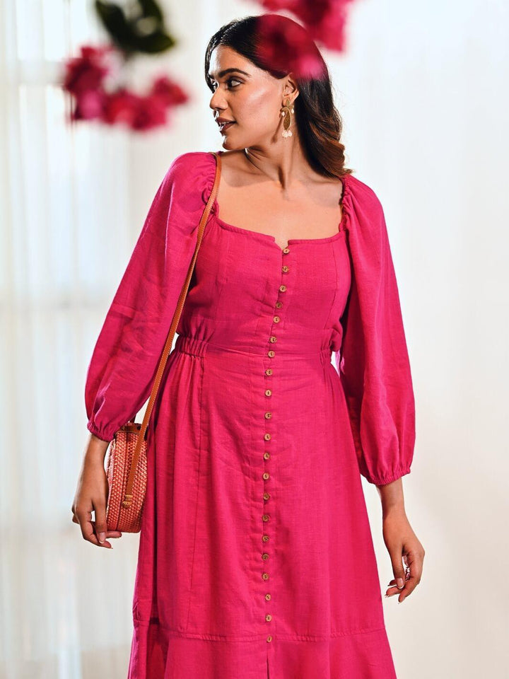 Fuchsia Cotton A line Long Dress - Moontara